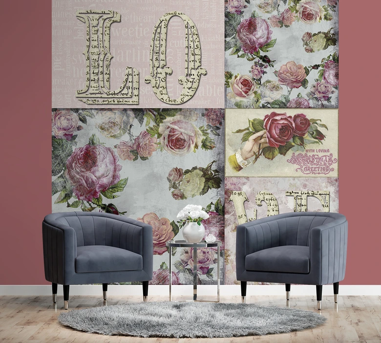 Fototapete, Shabby Chic Abstrakte Collage Liebe - Andrea Haase 