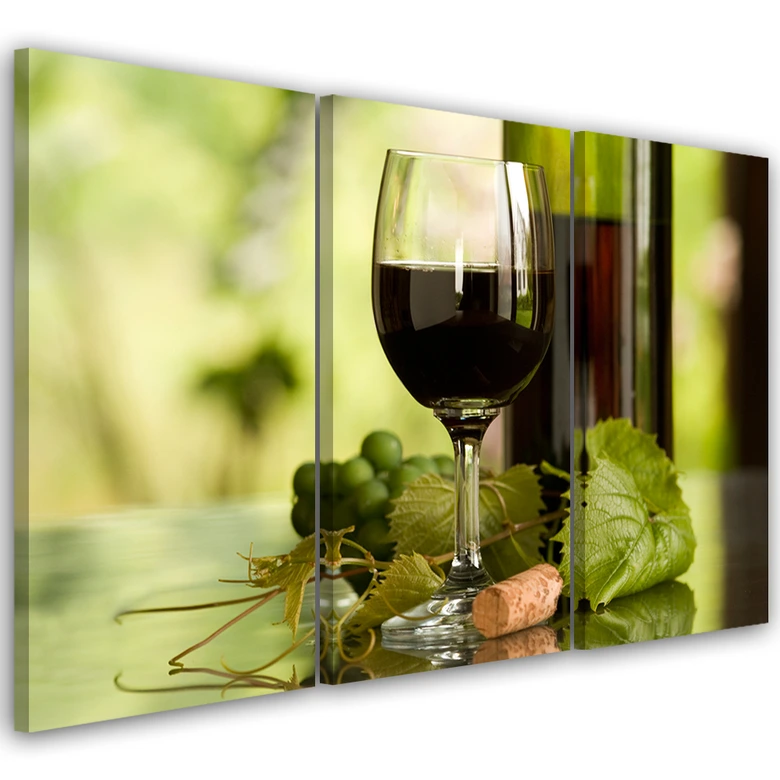 3-delige canvas print Rode wijnglas met druiven 