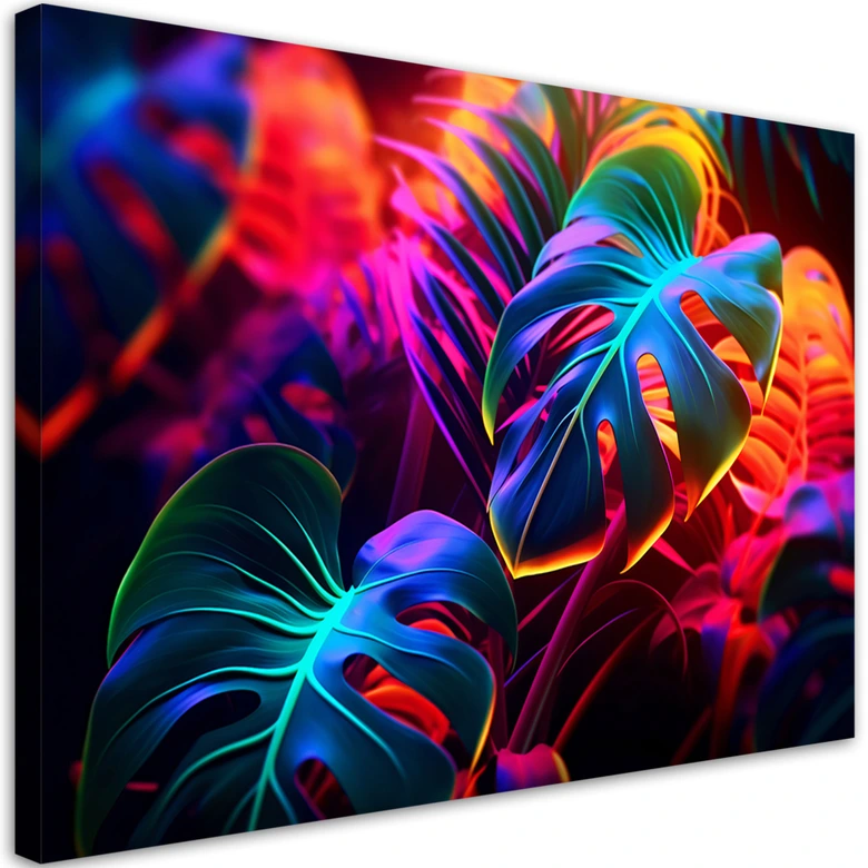 Leinwandbild, Monstera-Blätter in Neonfarben 