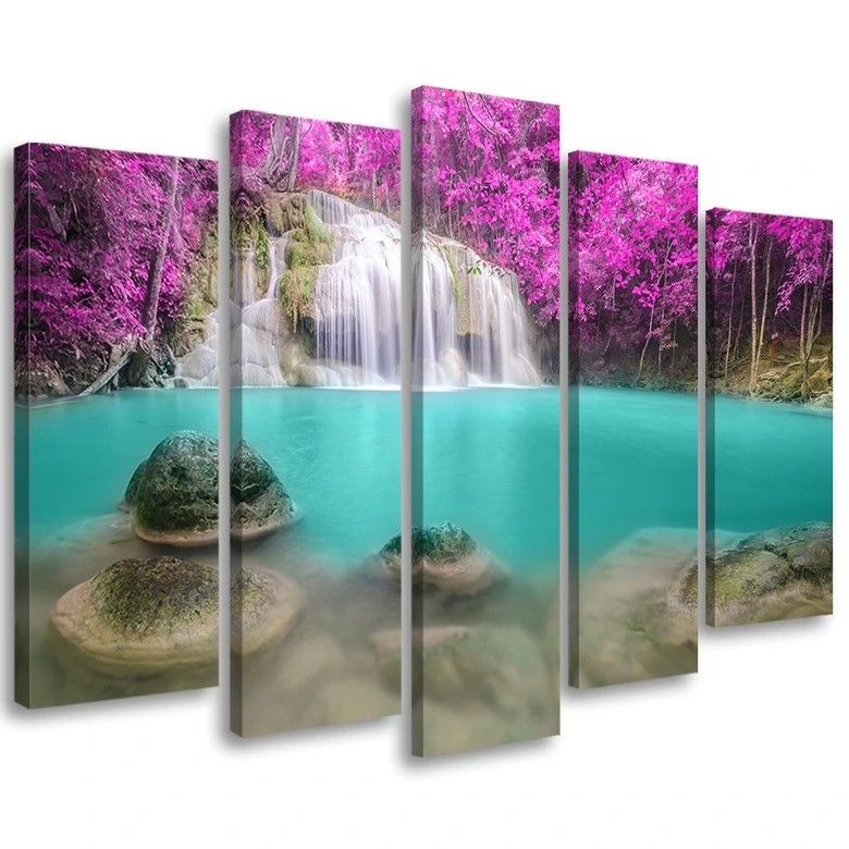 Leinwandbild 5 teilig, Wasserfall-See-Landschaft 