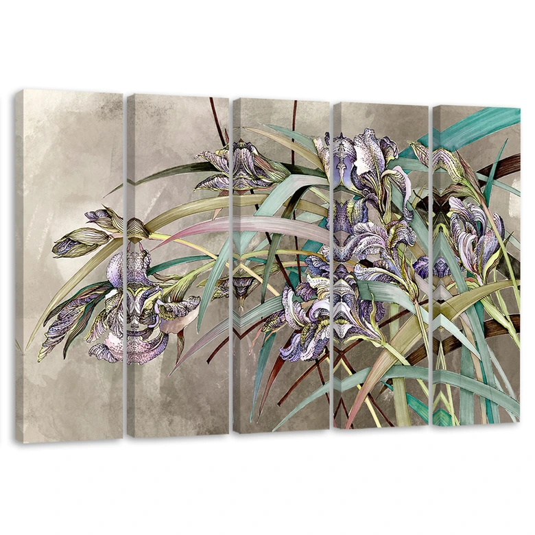 Leinwandbild 5 teilig, Iris Blumen im Wind 