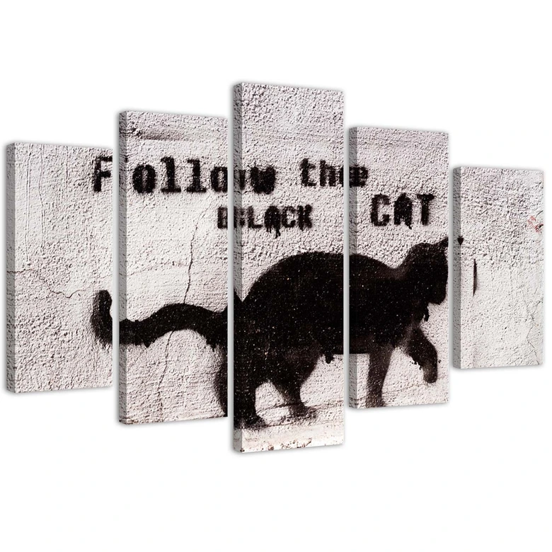 Leinwandbild 5 teilig, Schwarze Katze Textur Beton 