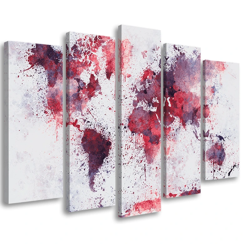Wandbild 5-teilig, Weltkarte Rot 