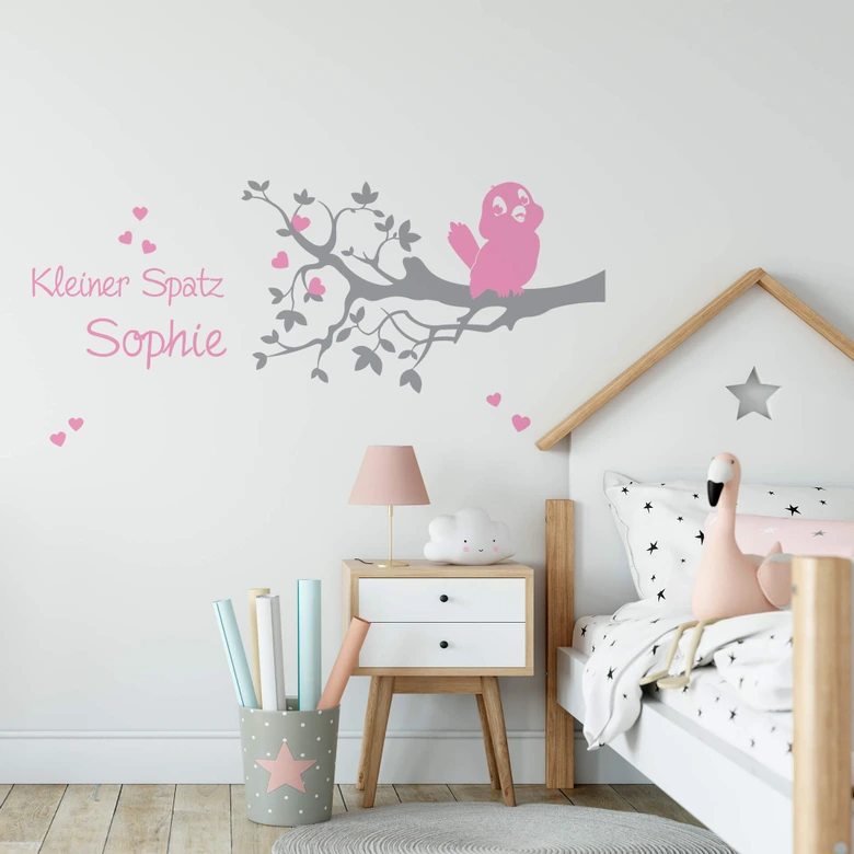 Wandtattoo + Name - Kleiner Spatz (2-farbig) 
