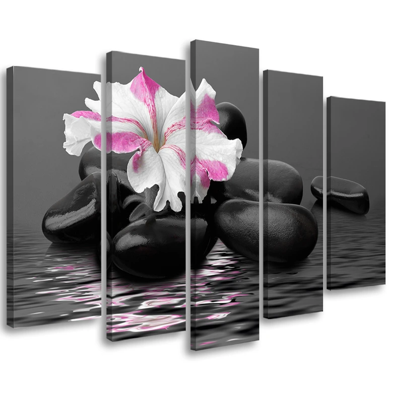 Leinwandbild 5 teilig, Steine Rosa Blume Zen 