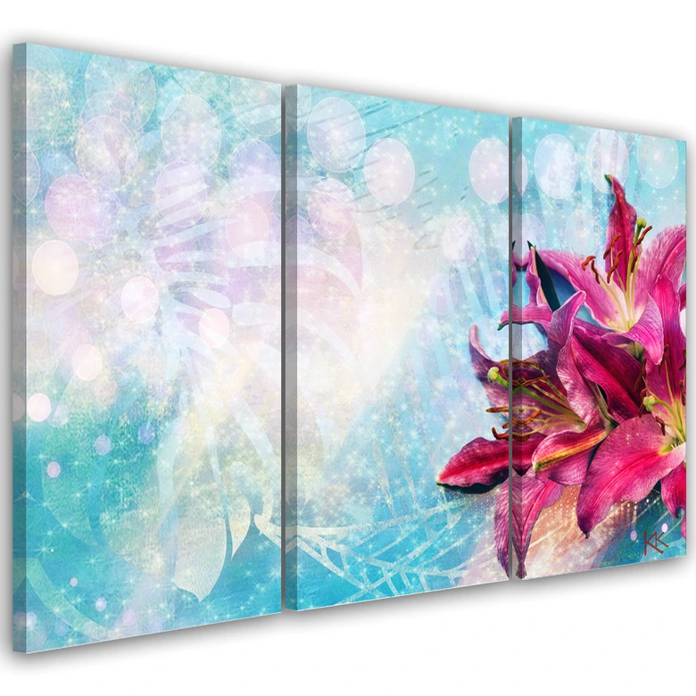 Leinwandbild 3 teilig, Rosa Blumen auf blauem Hintergrund 