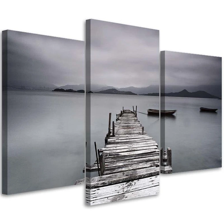 Leinwandbild 3-teilig, Steg See Natur Grau 