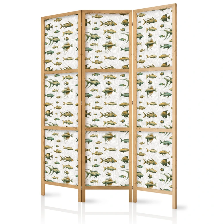 Japanischer Paravent, Raumteiler freistehend, Trennwand - Fish in Beige Tones Presented in Vintage Style 