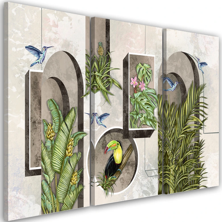 Leinwandbild 3 teilig, Formen in der Wand mit Pflanzen und Vögeln Toucan Koliber 