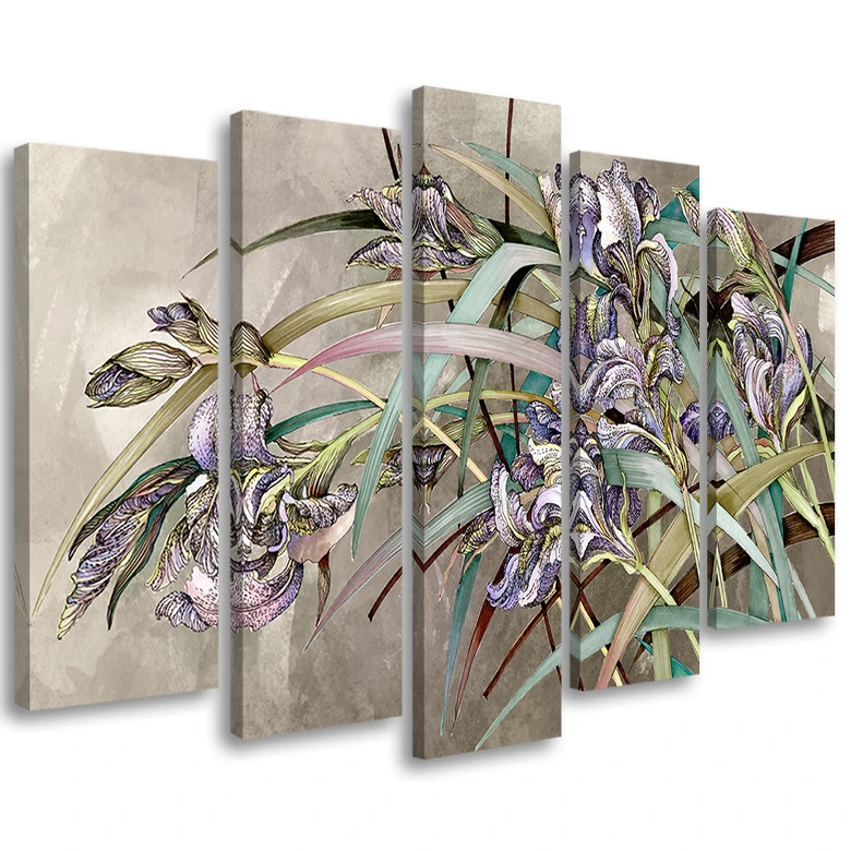 Leinwandbild 5 teilig, Iris Blumen im Wind 