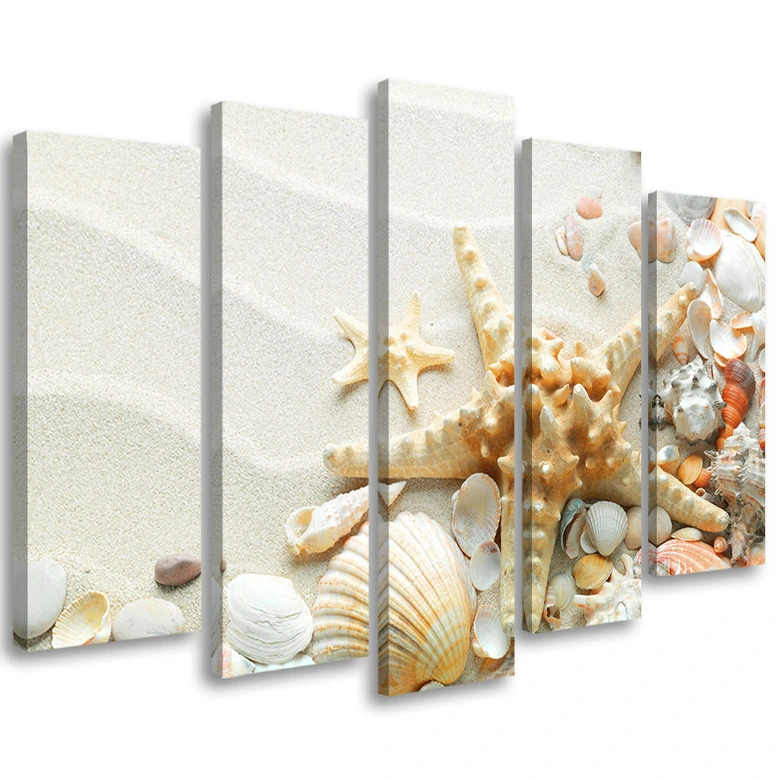 Wandbild 5-teilig, Muscheln Strand Sand Beige 