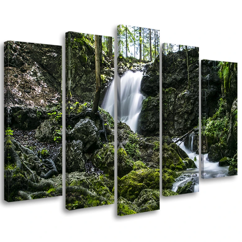 Leinwandbild 5 teilig, Wasserfall Wald Felsen 