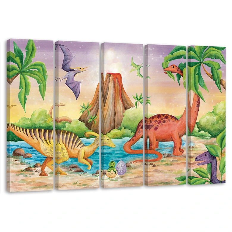 Leinwandbild 5 teilig, Dinosaurier am See 