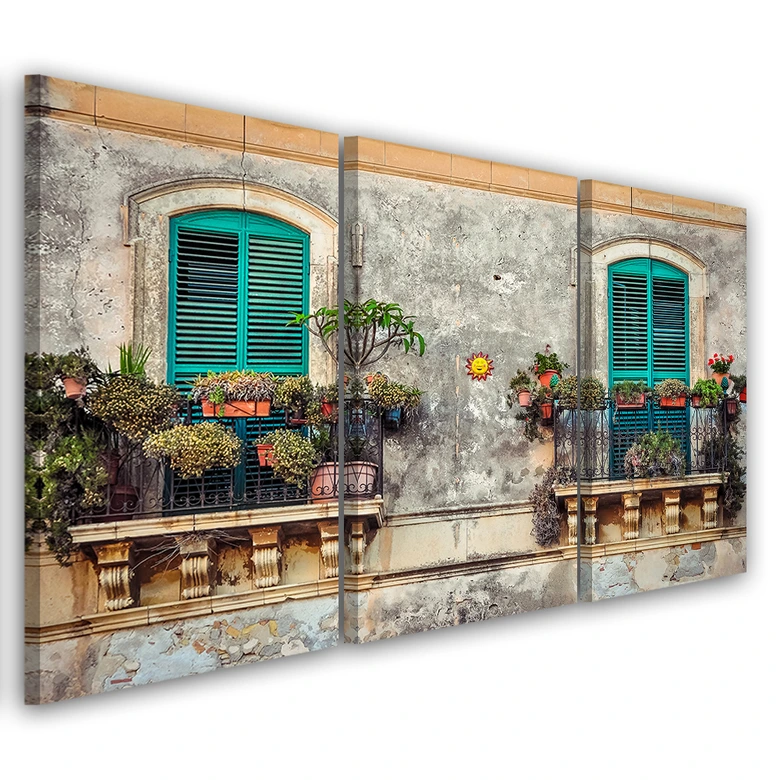 Leinwandbild 3-teilig, Straße Italien Fenster Blumen 