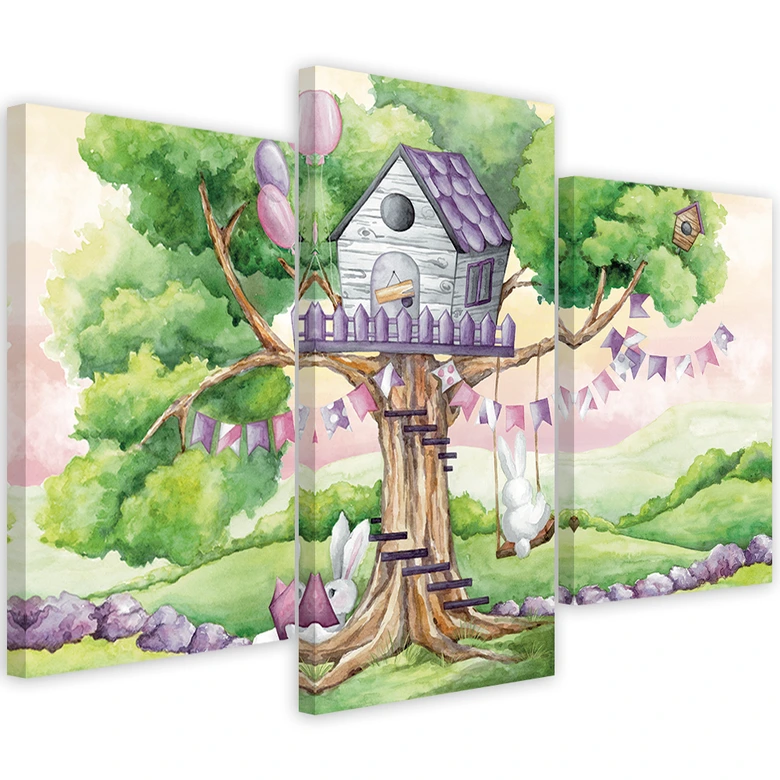 Leinwandbild 3 teilig, Weiße Kaninchen Hütte auf dem Baum 
