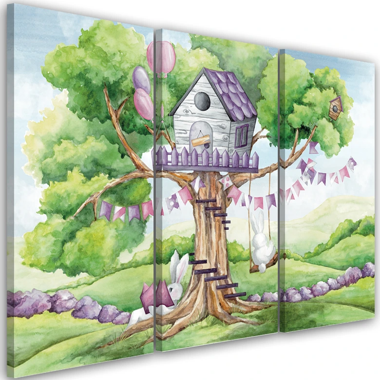 Leinwandbild 3 teilig, Weiße Kaninchen Hütte auf dem Baum 