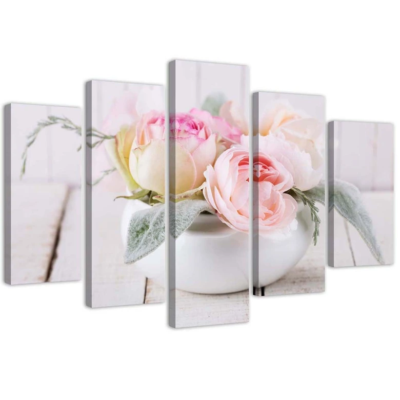 Leinwandbild 5 teilig, Rosen Vase Natur Blumen 