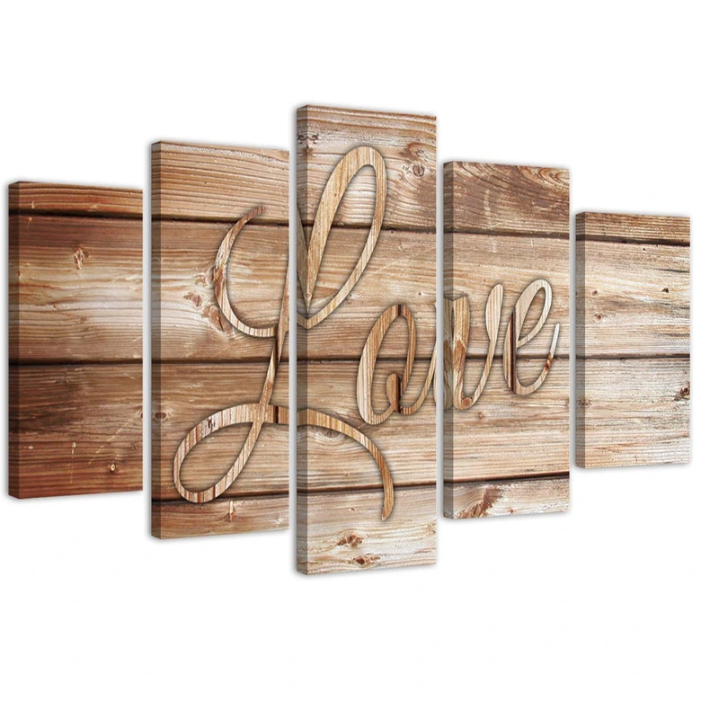 Leinwandbild 5 teilig, Liebe Holz Vintage Braun 