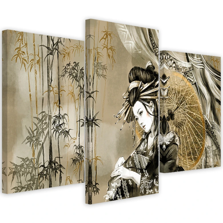 Leinwandbild 3 teilig, Geisha und Bambus 