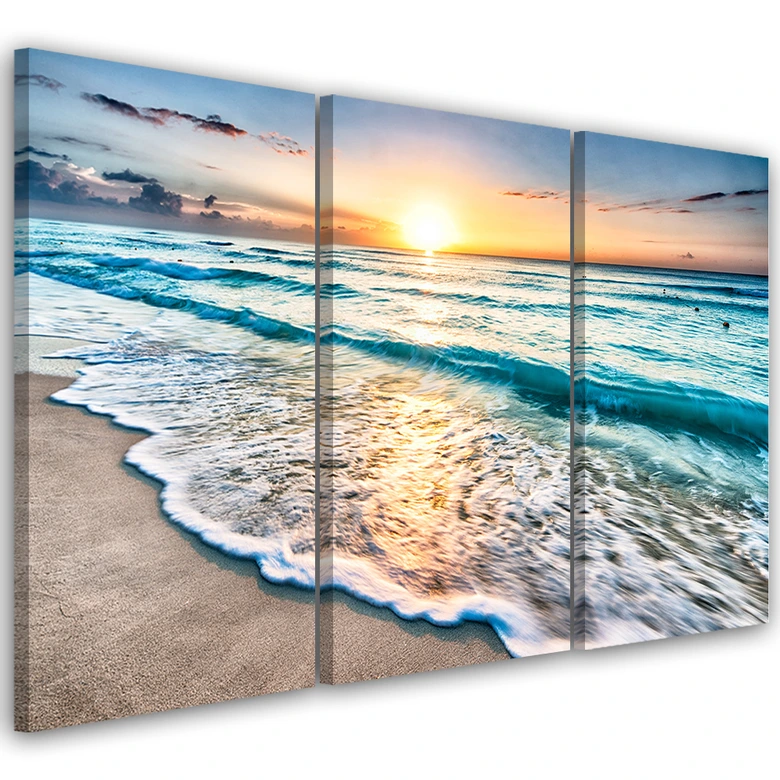 Leinwandbild 3-teilig, Meer Strand Sonnenuntergang 