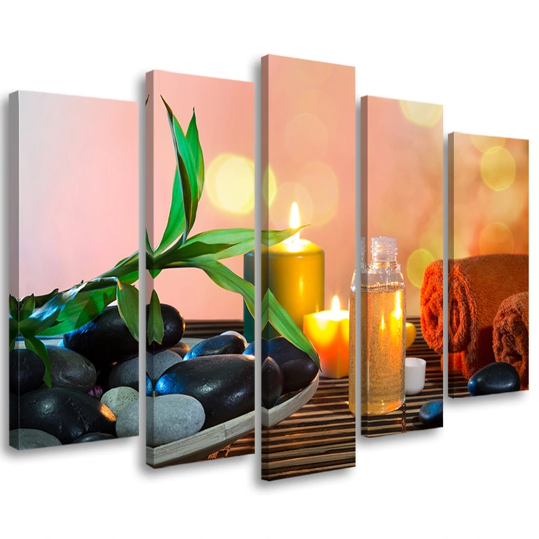 Leinwandbild 5 teilig, Zen Blätter Steine Kerze 