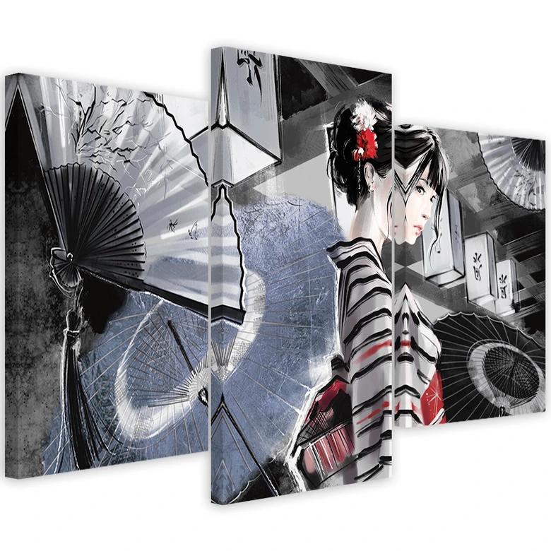 Leinwandbild 3 teilig, Geisha mit einem Fan 