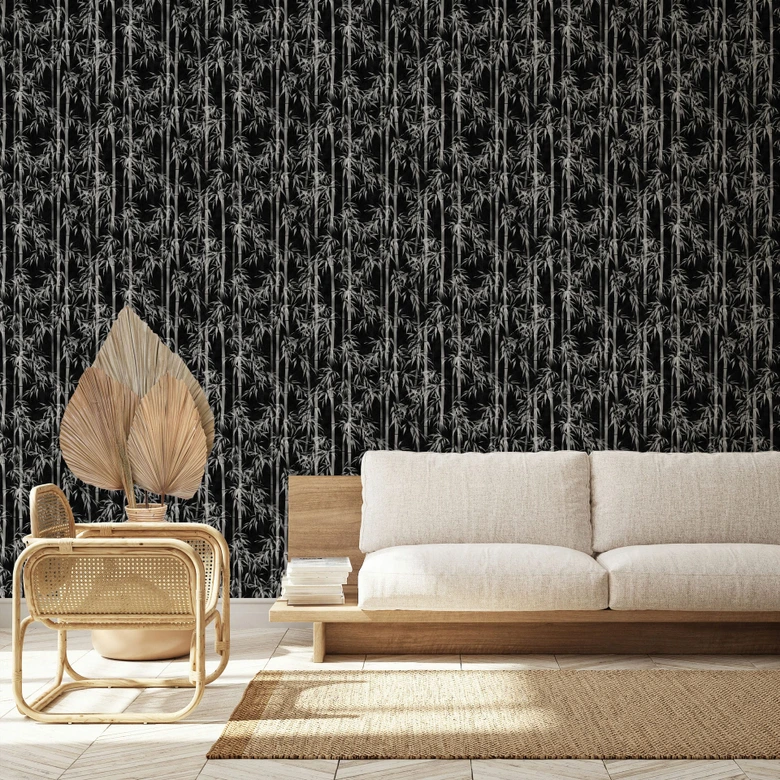 Vliestapete in schwarz, weiß Bambus Blätter Floral Natur  