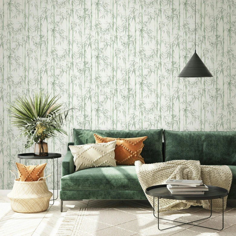 Non-woven tapet i grönt bambublad blommig natur  