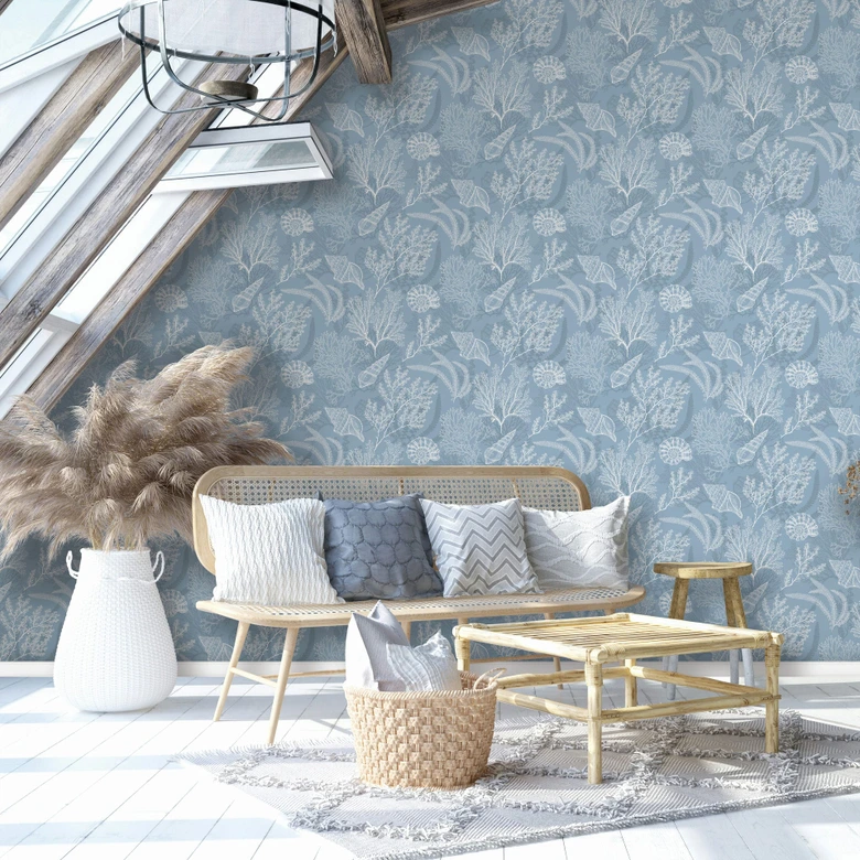 Papier peint intissé en blanc, bleu coquillages sous-marins graphique nature  