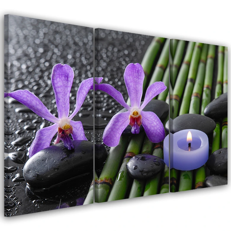 Leinwandbild 3-teilig, Bambus Zen Blume Kerze 