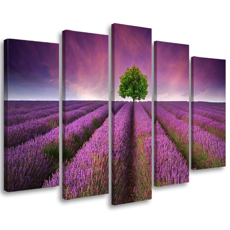 Leinwandbild 5 teilig, Lila Wiese Blumen 
