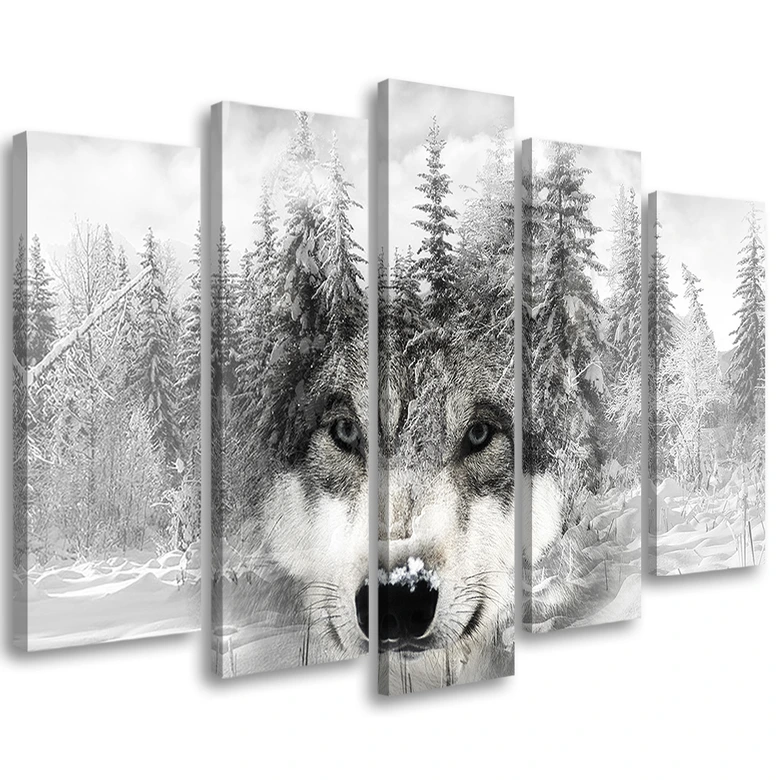 5-delige canvasprint, Wolf Forest Nature Grey 