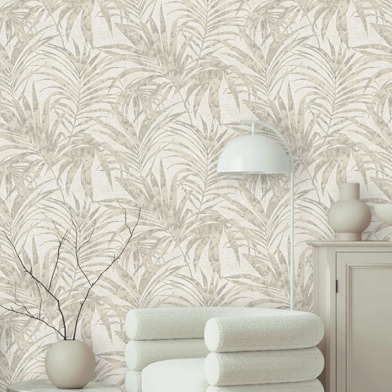 Vliestapete mit schimmerndem und strukturiertem Blattmotiv weiß, grau, beige Floral 