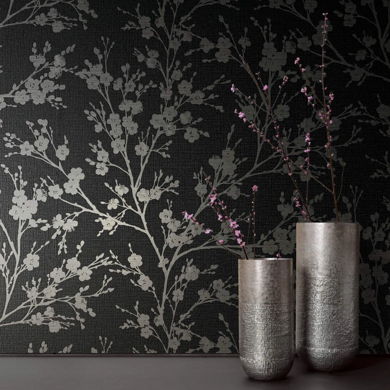 Vliestapete mit leicht glänzendem Blattmotiv schwarz, silber Floral 