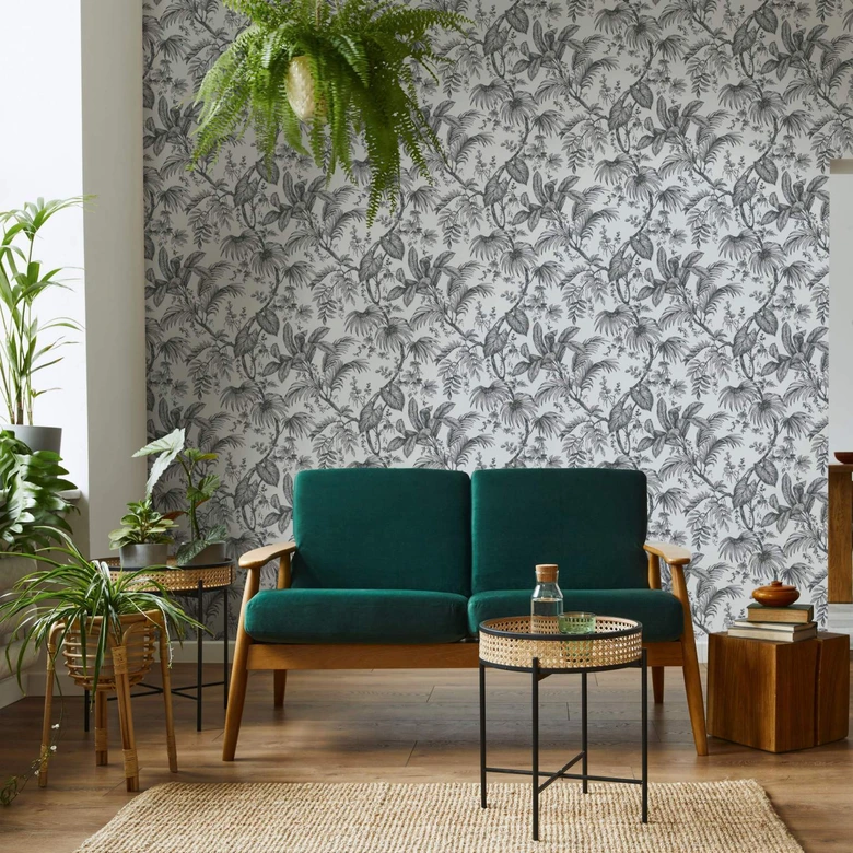 Vliestapete mit Pflanzen im Dschungel-Style weiß, schwarz Floral 