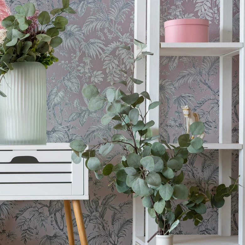 Vliestapete mit Pflanzen im Dschungel-Style rosa, silber Floral 