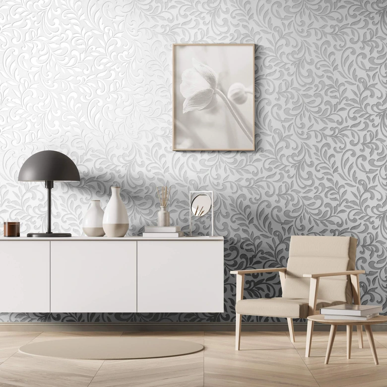 Vliestapete mit abstraktem Blattmotiv und linierter Struktur grau, pearl Grafisch 