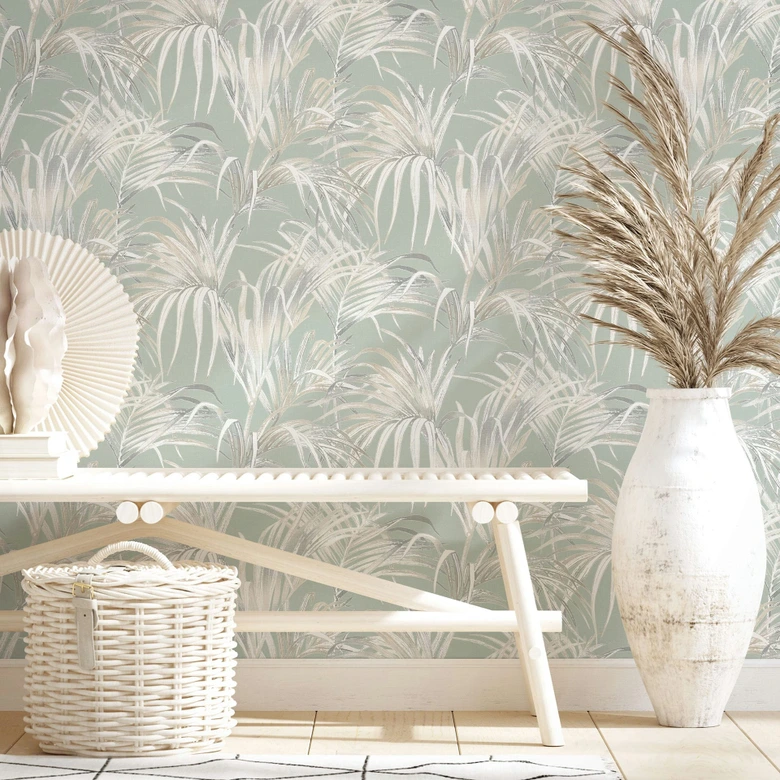Vliestapete mit Blattmotiv auf Strukturbasis grün, beige Floral 
