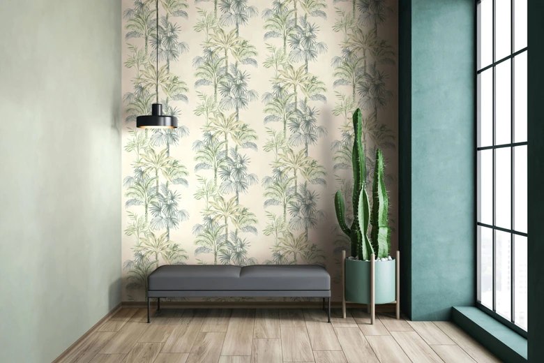 Papel pintado no tejido de color beige verde árboles hojas selva naturaleza floral  