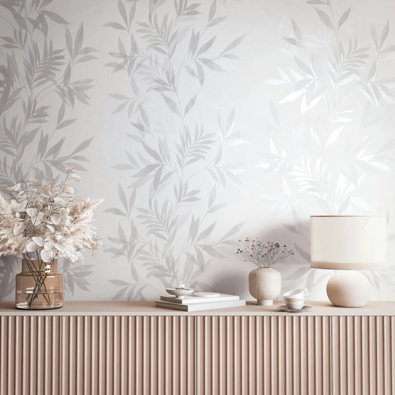 Non-woven tapet i vitt, grått bladmotiv bladlook blommig natur  