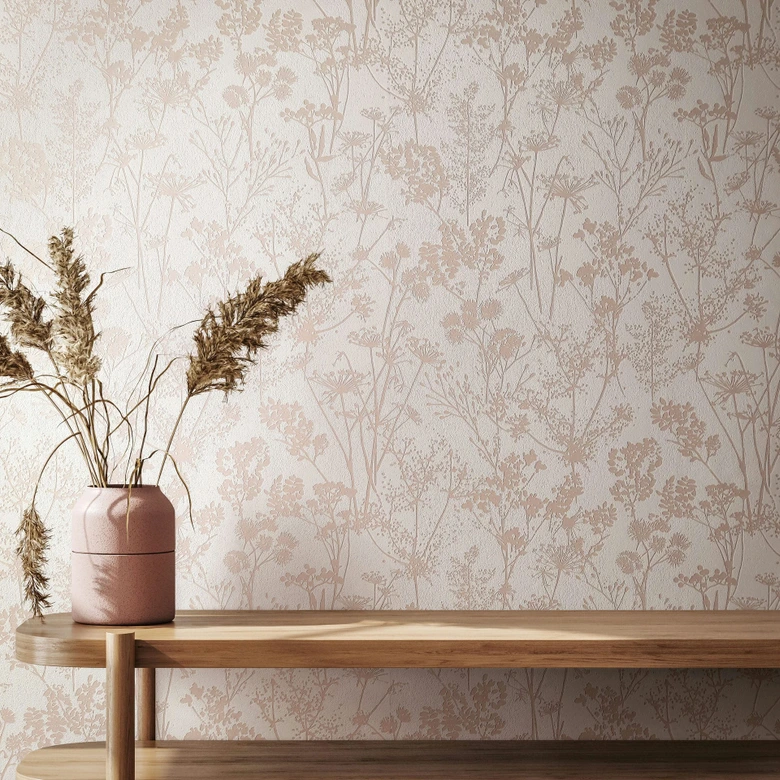 Papier peint intissé en blanc, beige motif feuilles floral nature  