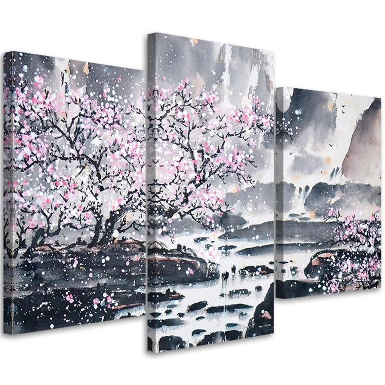Leinwandbild 3-teilig, Japan Kirschblüte Rosa Natur 