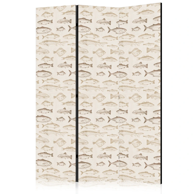 Paravent, Raumteiler freistehend, Trennwand - Fish in Beige Tones Presented in Vintage Style 