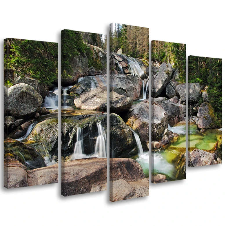 Leinwandbild 5 teilig, Wasserfall Wald Bach Felsen 