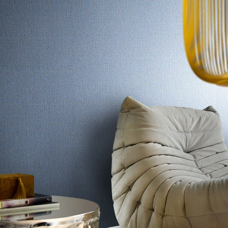 Papier peint intissé aux lignes fines et à la structure légère bleu, gris uni 