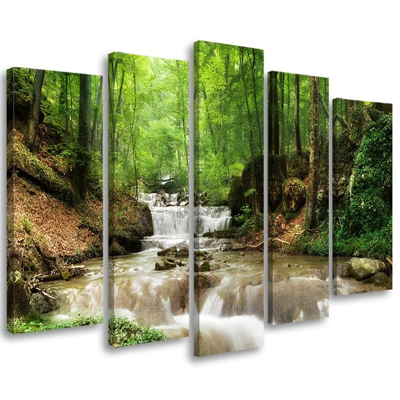 Leinwandbild 5 teilig, Wasserfall Wald Bach Natur 