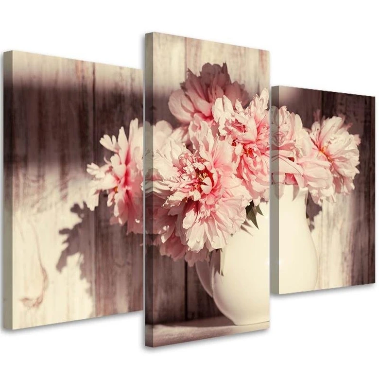 Leinwandbild 3-teilig, Blumenstrauß Vase Vintage 