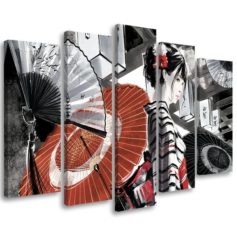 Leinwandbild 5 teilig, Geisha mit einem Fan 
