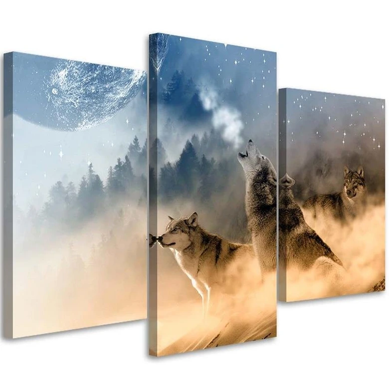 Leinwandbild 3-teilig, Wolf Tiere Wald Nebel 