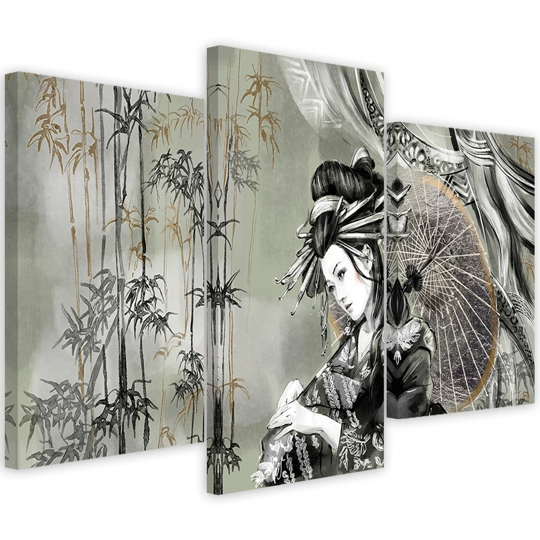 Leinwandbild 3 teilig, Geisha und Bambus 